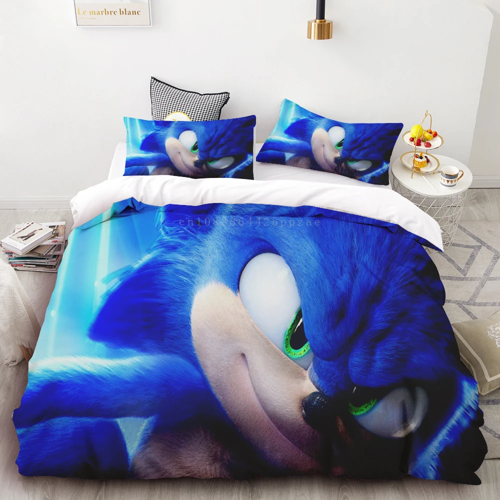 thumbnail image 1 of Juego de edredón de 3 piezas con estampado digital 3D de Sonic Boy, suave, 100 % poliéster, tamaño king, para adolescentes, regalo para dormitorio, 1 of 5