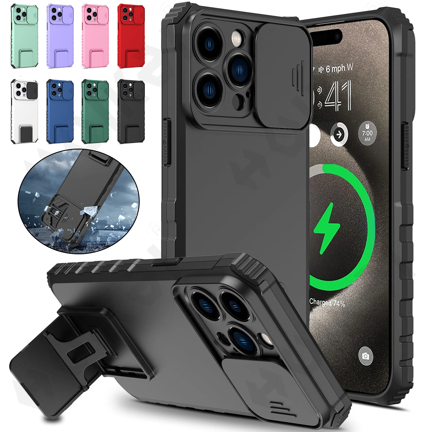 aliexpress.com - Shockproof Case For iPhone 15 14 13 12 11 Pro XS Max XR 8 7 Plus Pull Slide Camera Protection Magnetic Live Stand Phone Cover