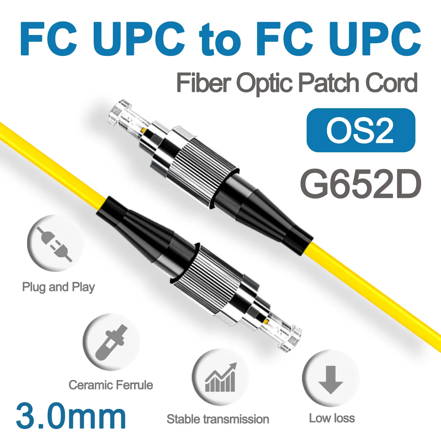 FC UPC Fiber Optical Patch Jumper Cable 3.0mm OS2 Cord Singlemode Simplex 1m 3m 5m PVC G652D SM 1310/1550nm FTTH