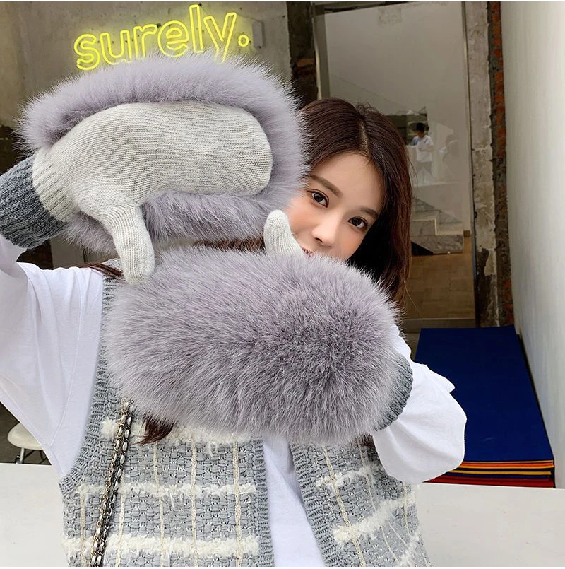 2026 New Style Winter Warm Genuine Fox Fur Covered Gloves Women Fashion Real Fox Fur Glove Outdoor Russia Thick Glove Women Warm
