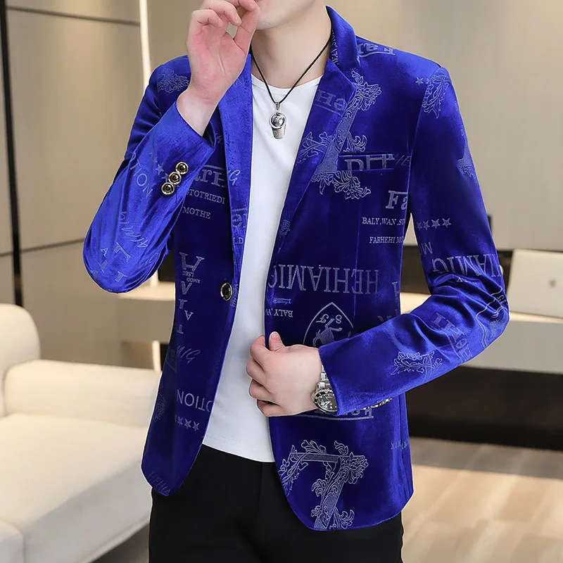 Men Blazers Brand Clothing Luxury Velvet Suit Jacket Men Fashion Bronzing Printed Blazer Masculino Slim Fit Casual Business Social Blazers