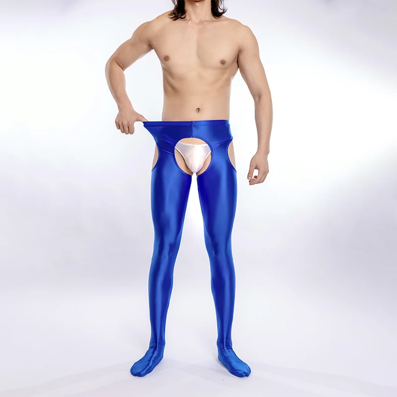 New Silky Smooth Men Leggings Sexy Oil Glossy Open Crotch Slim Fit Thighs Pants Underwear Solid Color Comfort Underwear Clothes
