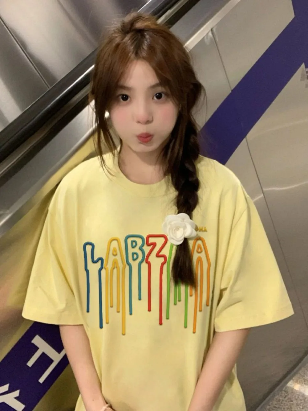 

Cotton dopamine sweet college style short-sleeved t-shirt female summer loose versatile foam letter tops 2024