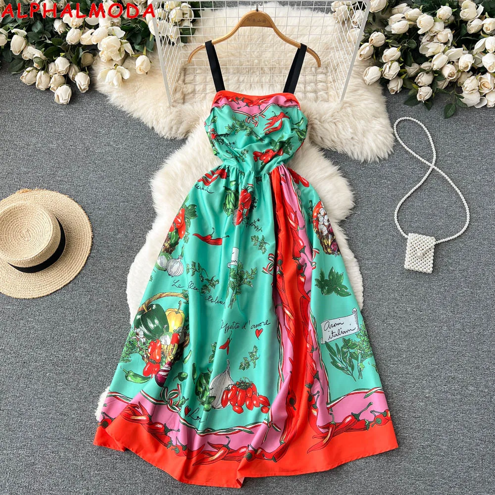 

ALPHALMODA 2023 New High Waist Fitting Suspender Dress Female Holiday Printing Pattern Dress Summer Resort Bohemian Dress