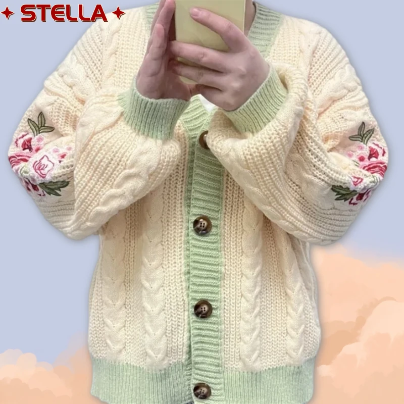 

New Fashion Folklore Flower Embroidery Evermore Cardigans for Woman Cotton Spring Clothes Women Autumn Loose Fit Knitted Sweater