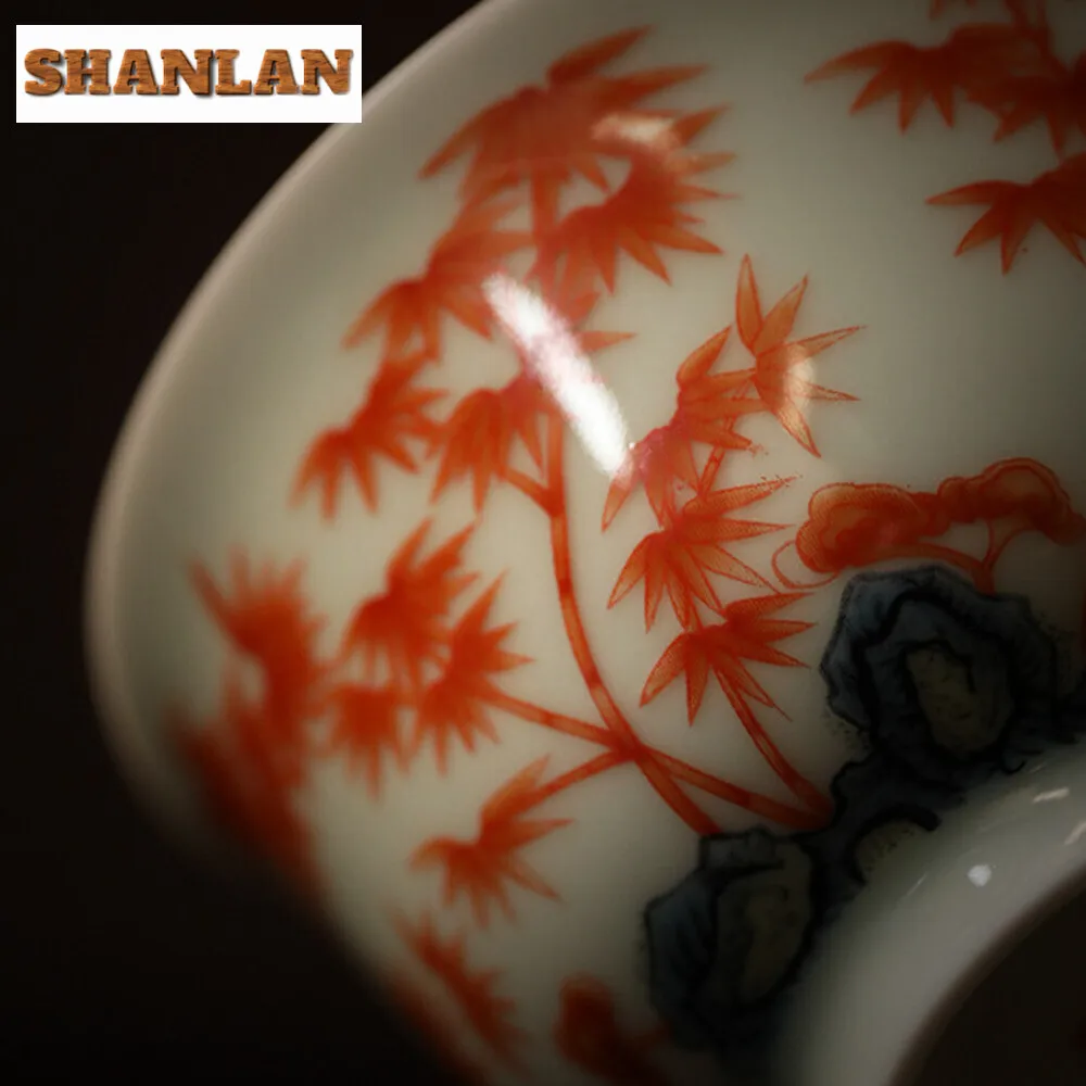 125ml Ancient Blue Glazed Handmade Cover Bowl Set Household Hand-painted Red Bamboo Gaiwan Vintage Tea Tureen Tea Maker Gift