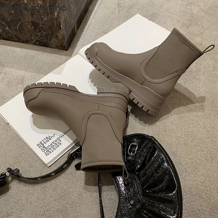 Simple Stitching Leather Elastic Booties Round Toe Thick Heel Soft Comfortable Boots Slip On Fashion Casual Elastic Women's Boot