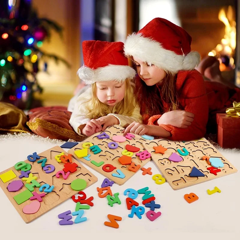 Montessori Baby Wooden Puzzles for Toddlers Learning Alphabet Number Shape Puzzle Toys Kids Educational Matching Board Wood Game wooden jigsaw puzzle