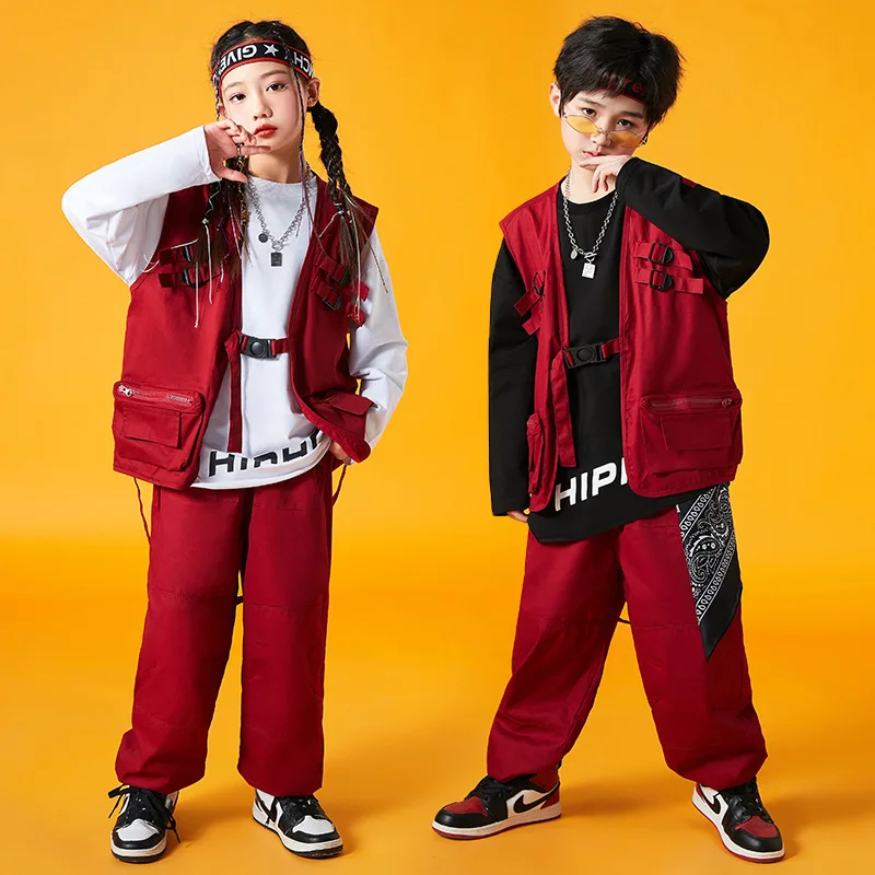 Red Series Hip Hop Dance Costume For Kids Jazz Performance Girls Kpop Boys Street Dance Drum Stage Wear