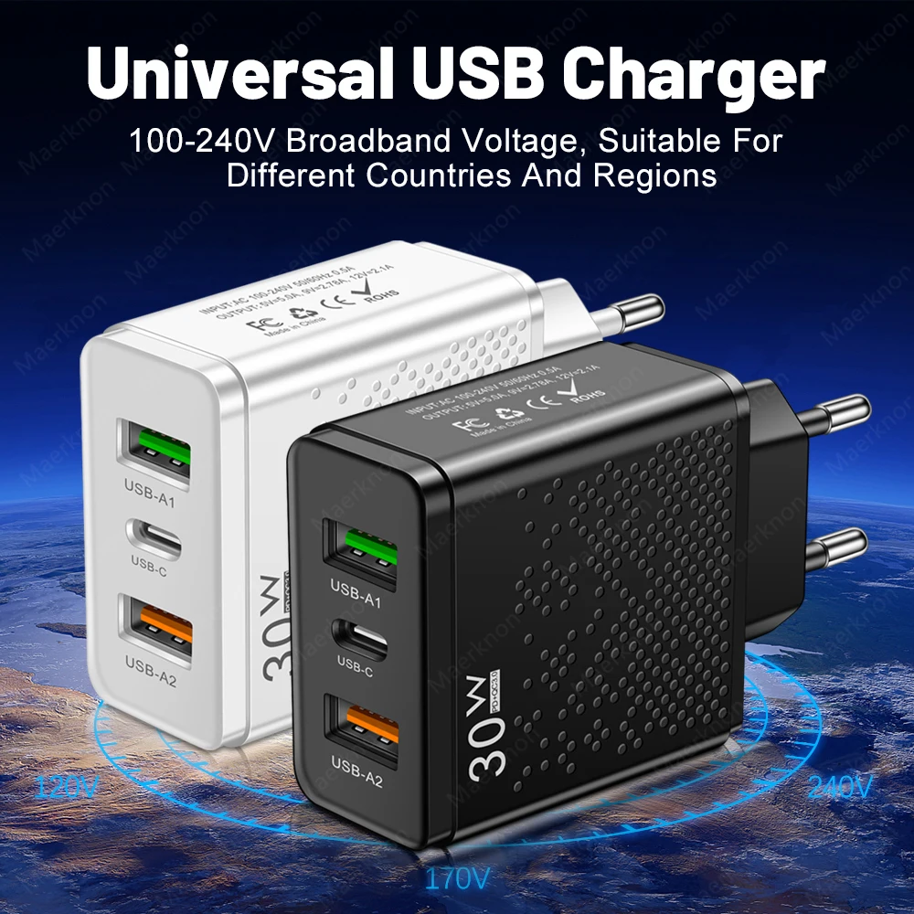 PD USB Charger Quick Charge 3.0 30W Fast Phones Charger Adapter For iPhone Samsung Huawei Xiaomi 3 Ports EU/US Plug Wall Adapter images - 6