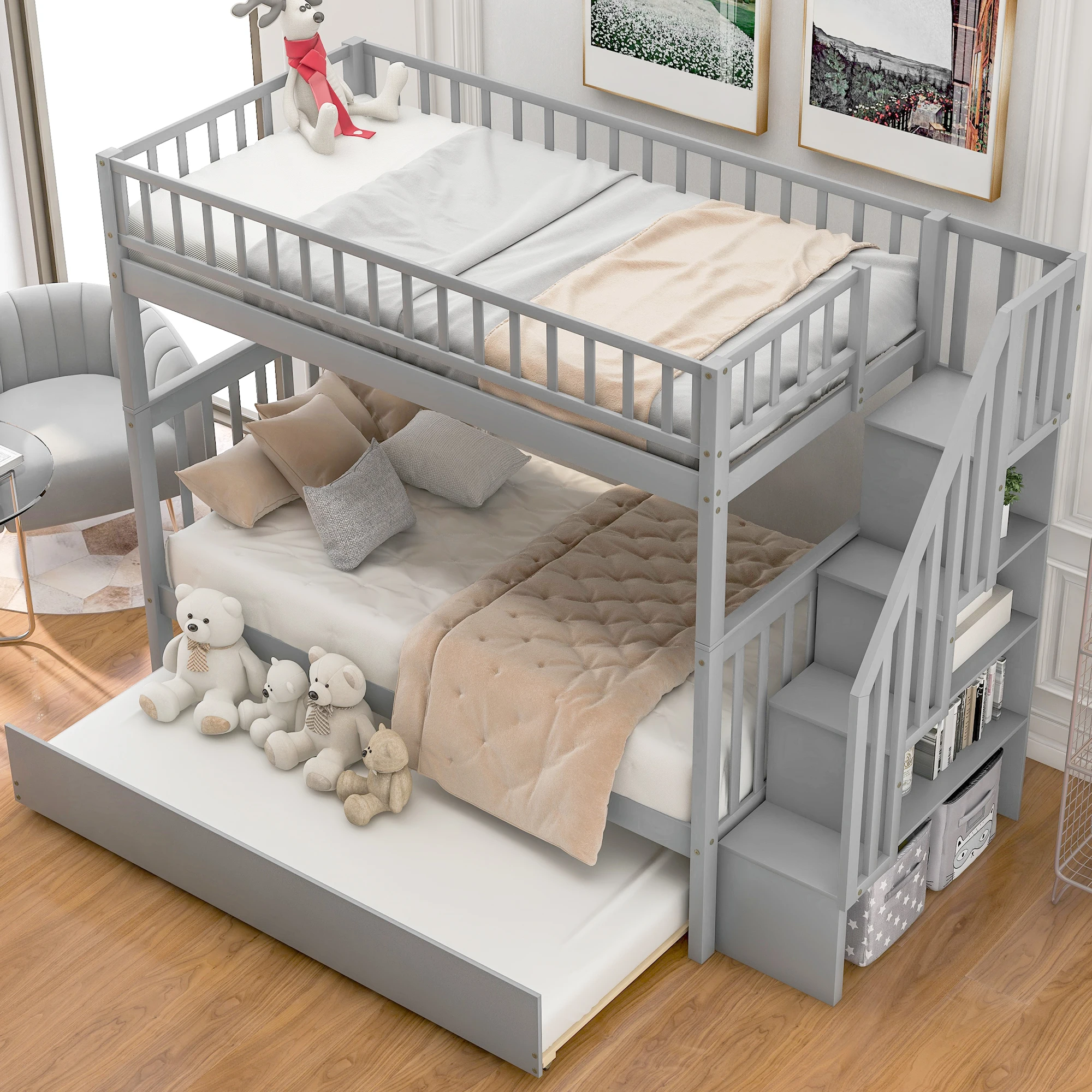 

Twin over Twin Bunk Bed with Trundle and Storage, Gray