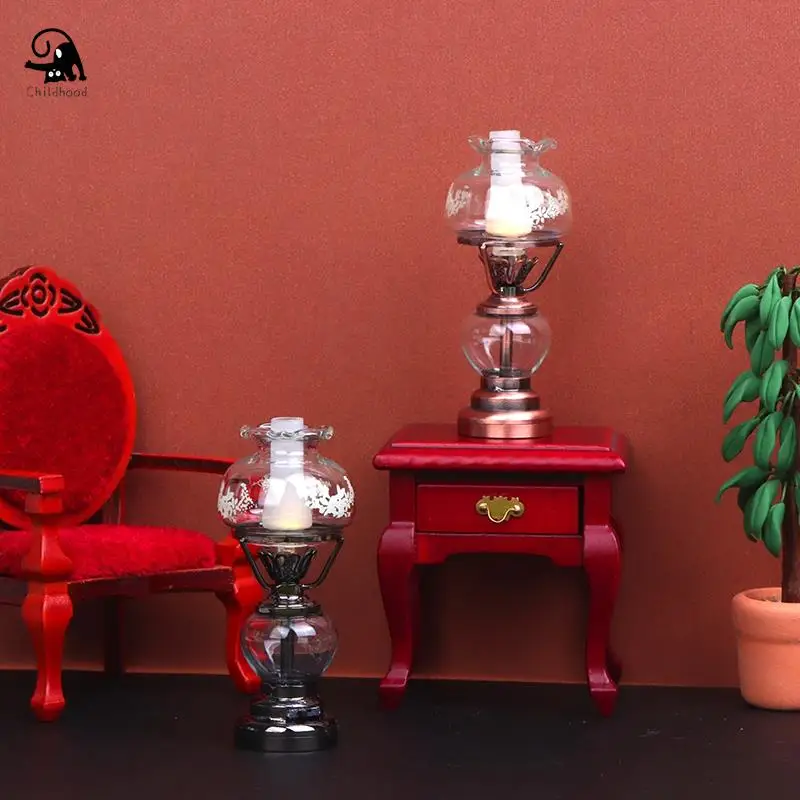 1:12 Dollhouse Miniature Retro LED Lamp Candlestick Light Desk Lamp Home Lighting Model Furniture Decor Toy Doll House