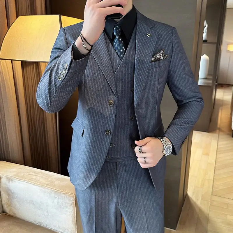 

2023 Fashion New Men Blazers Boutique Business Plaid Wool Striped Wedding Host Suit 3 Pcs Dress Jacket Coat Vest Pants Trousers