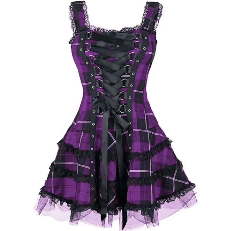 

Goth Dark Plaid Bandage Gothic Women A-line Dresses Grunge Aesthetic Lace Trim Patchwork Mini Dress Punk Bodycon Sexy Partywear