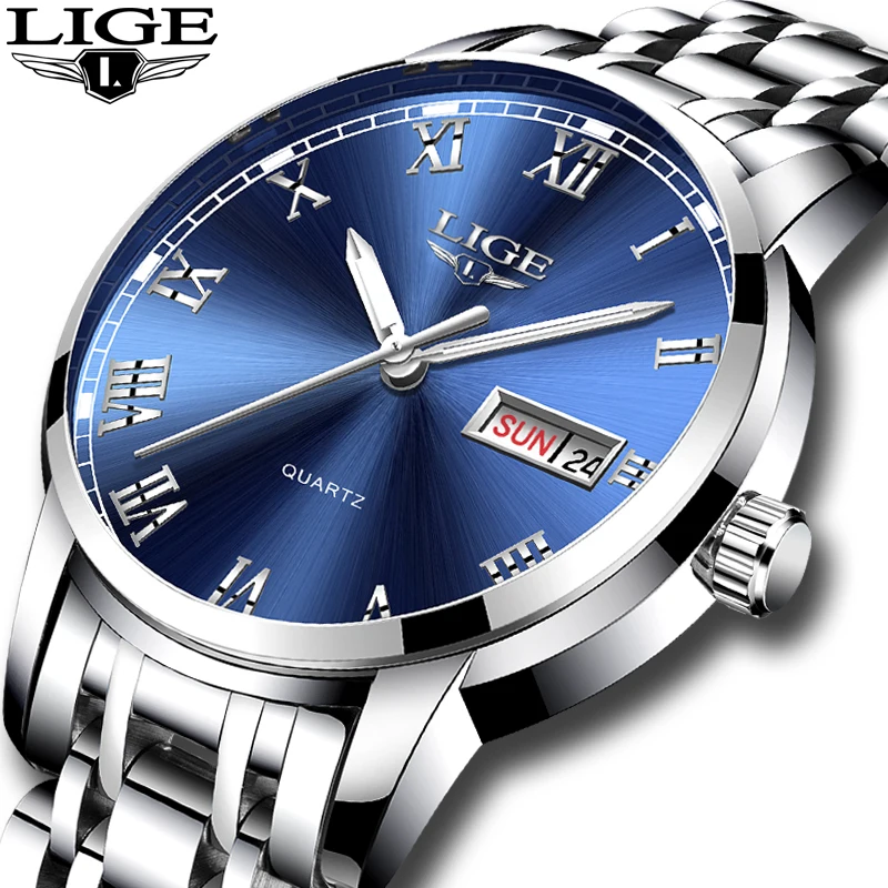 LIGE Quartz Men Watch Stainless Steel Waterproof Casual Week Watches for Men Fashion Luxury Business Man Clock Relogio Masculino loqnce s8022 new men s watch quartz electronic dual movement alarm clock calendar week multifunctional men s waterproof watches