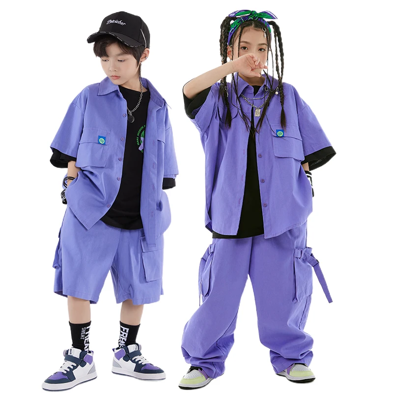 Kids Hip Hop Dance Costume Loose Overalls Purple Coat Pants Street Dance Clothing Boys Girls Jazz Drum Show Stage Clothes L10400
