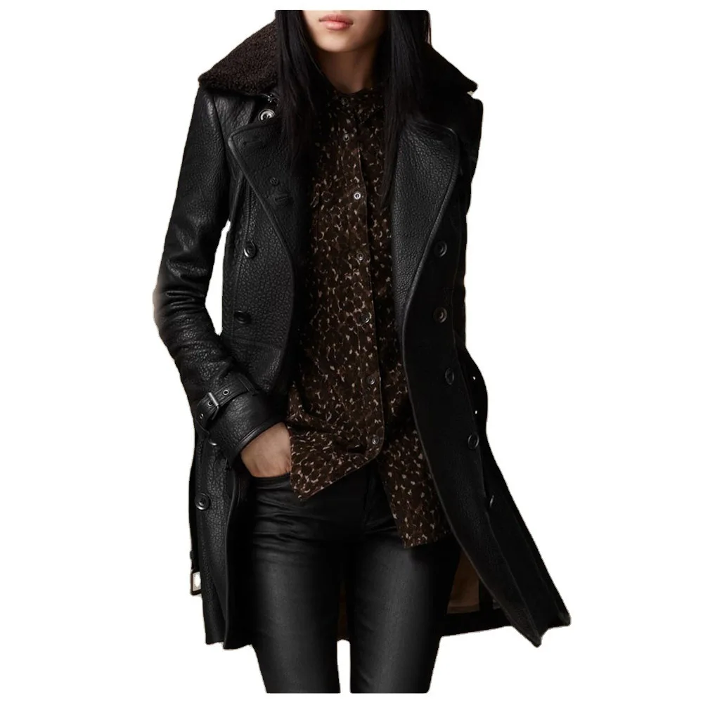 

2024 британская женская кожаная куртка с меховым воротником, байкерская куртка средней длины с подкладкой, облегающая куртка