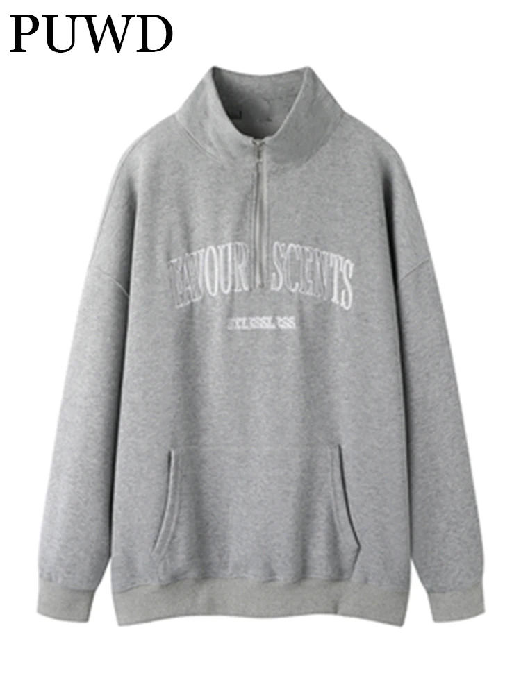 

Повседневные женские серые свитера-поло PUWD в стиле ретро С Вышивкой Букв, хлопковые свитера 2022, осенние модные женские свободные свитера на молнии