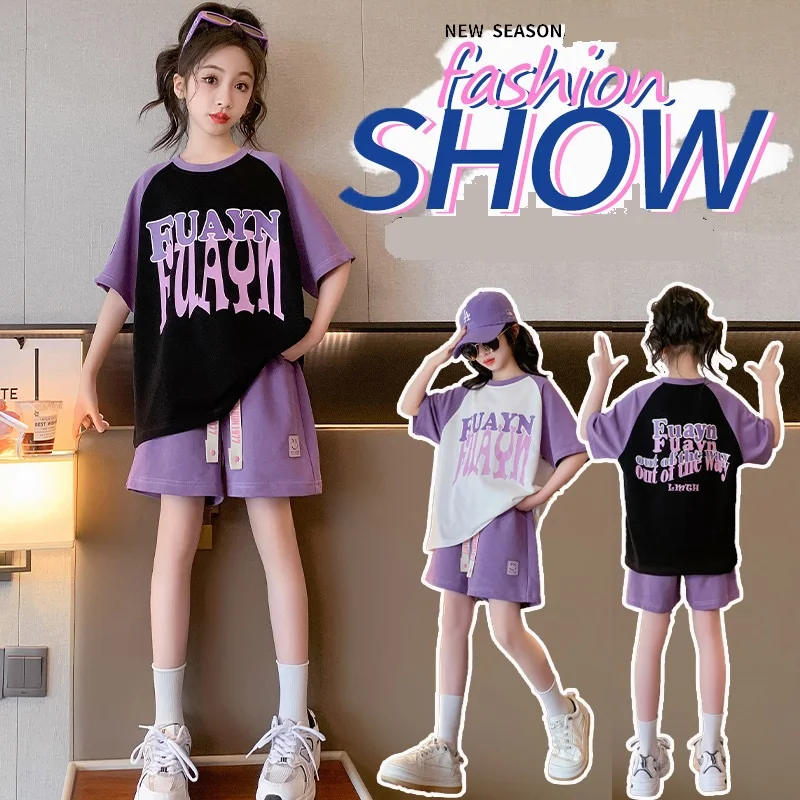 

Хлопковый комплект одежды jumior для девочек, Повседневная футболка с контрастными буквами алфавита и шорты, школьные спортивные штаны, комплект для детей 5-16 лет, на лето