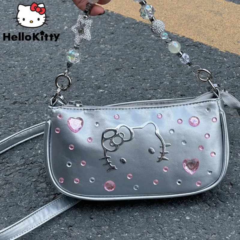 

Sanrio New Hello Kitty Printed Diamond Women Crossbody Bag Y2k Trend Street Sweet Spicy Girl Silver Shoulder Bag Cartoon Handbag