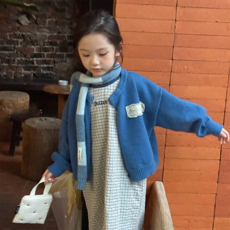 2026 새로운 봄 가을 한국 스타일 어린이 스웨터 카디건 블루 커피 오-넥 니트 코트 어린이 소년과 소녀 의류 A6565
