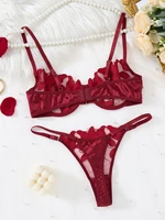 Ensemble de Lingerie en dentelle transparente, deux pièces, motif Floral exquis, soutien-gorge ultra-fin, slip, solide, exotique, pour dames, 23171A 3