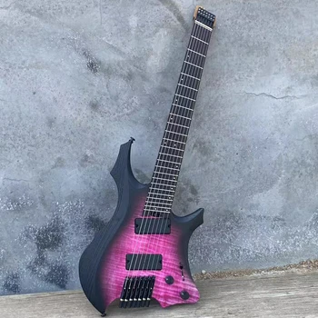 Acepro 7 String Headless Electric Guitar Fanned Frets Active Pickups Purple Ash Body Flame Maple Top, 9 Piece Roasted Maple Neck
