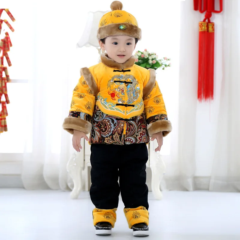 Chinese New Year's Kid Tang Suit Costume Winter Thickened Cotton-Padded Jacket Pants Exquisite Print Hanfu Performance Clothes