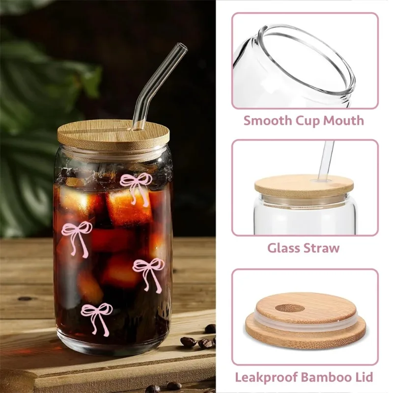 Beautiful and Interesting Pink Bow, Cute Covered Glass Cup and Straw Roller Glass Cup for Chilled Milk Coffee Cocktail Juice Cup