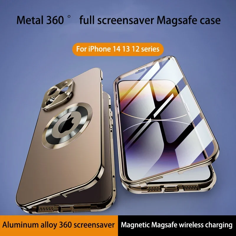 For iPhone 15 12 13 14 Pro Max Case 360° Full screen Lens Metal Magnetic Magsafe Cases Aluminum alloy HD Glass protective cover