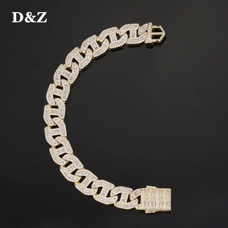 

D&Z 14MM Baguette Cuban Link Bracelet Spring Buckle Iced Out Bling AAA Baguette Stones For Men Women Hip Hop Jewelry