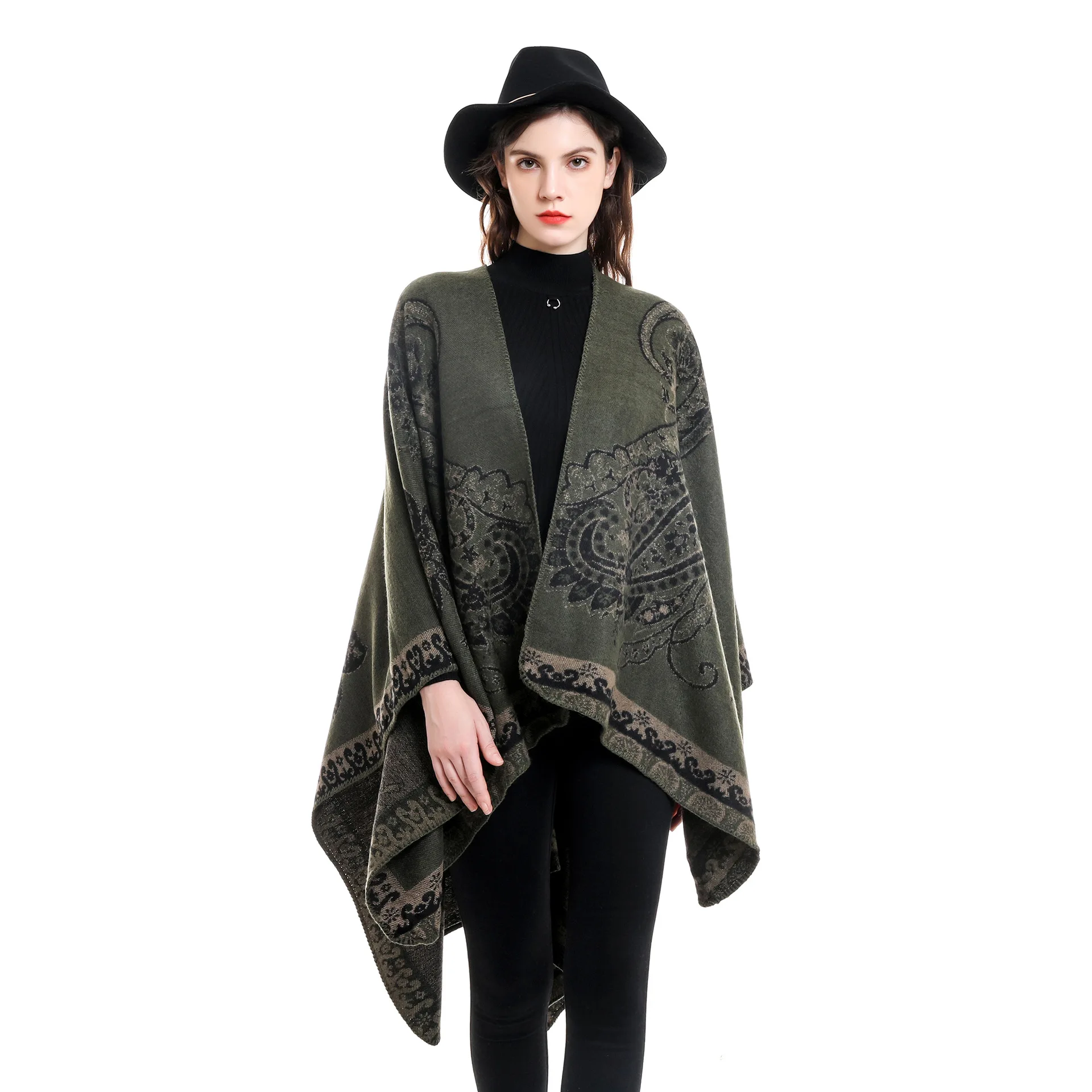 

Women Cashmere Feel Ethnic Shawl Lady Double-sided Winter Cape Spring Autumn Retro Unique Cardigan Soft Large Blanket Wholesale