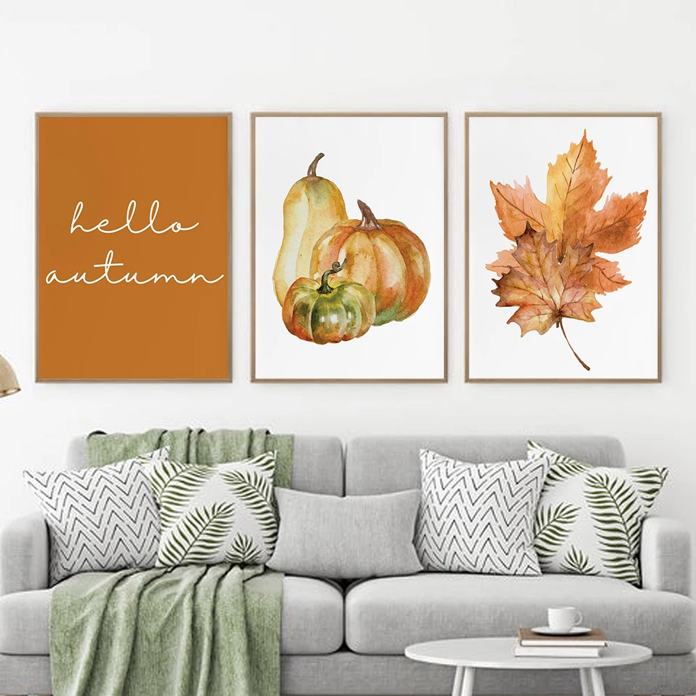 

Abstract Orange Hello Fall Set of 3 Canvas Painting Wall Posters and Prints for Room Wall Art Autumn Leaves Pictures Home Decor