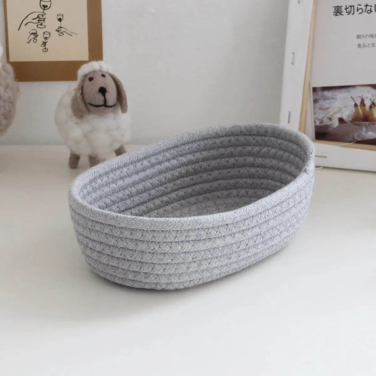 회색 면 직조 데스크탑 기타 보관 바구니, 화장품 스낵, 손으로 짠 보관 바구니, 보트 모양 의류 S