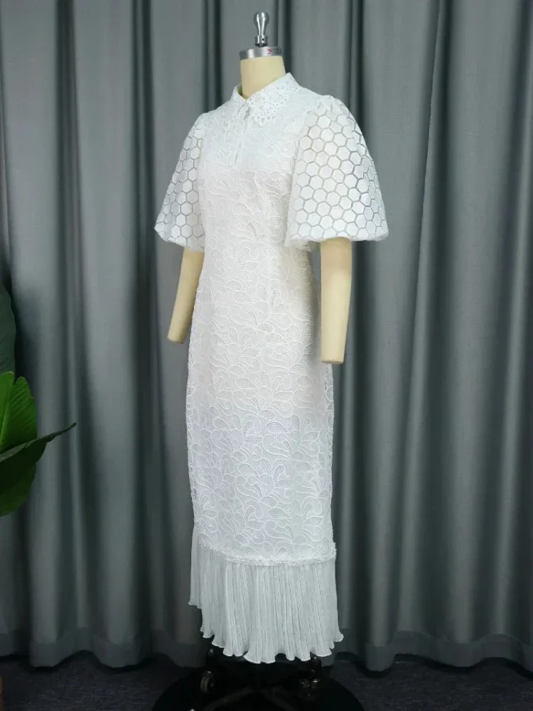 White Lace Dresses for Women Wedding Guests Elegant Turn Down Collar Puff  Sleeves Pleated Hem Midi Dress Luxury Occasion Clothes - AliExpress  200000345