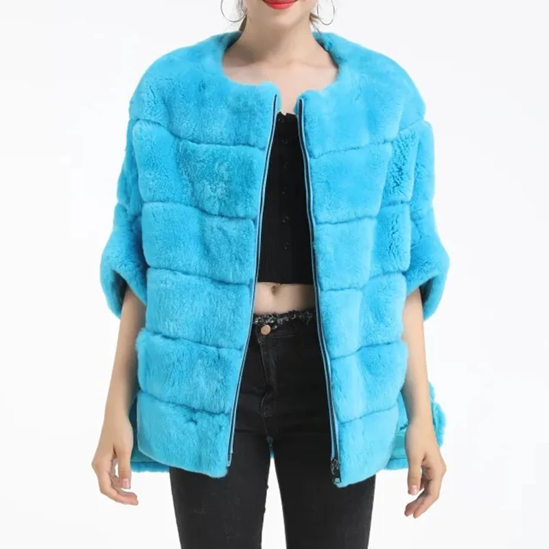 Half Sleeve Rex Rabbit Fur Sleeve Jacket Women Vest 2023 Black Brown Blue Lapel Coat 1907018