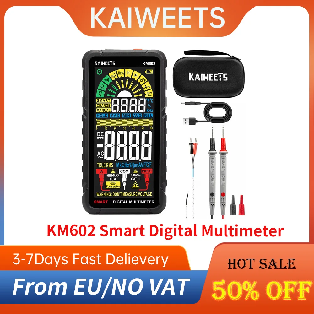 Inteligentny multimetr cyfrowy KAIWEETS KM602, 6000 liczy miernik True-RMS, akumulator 1200mAh-czarny