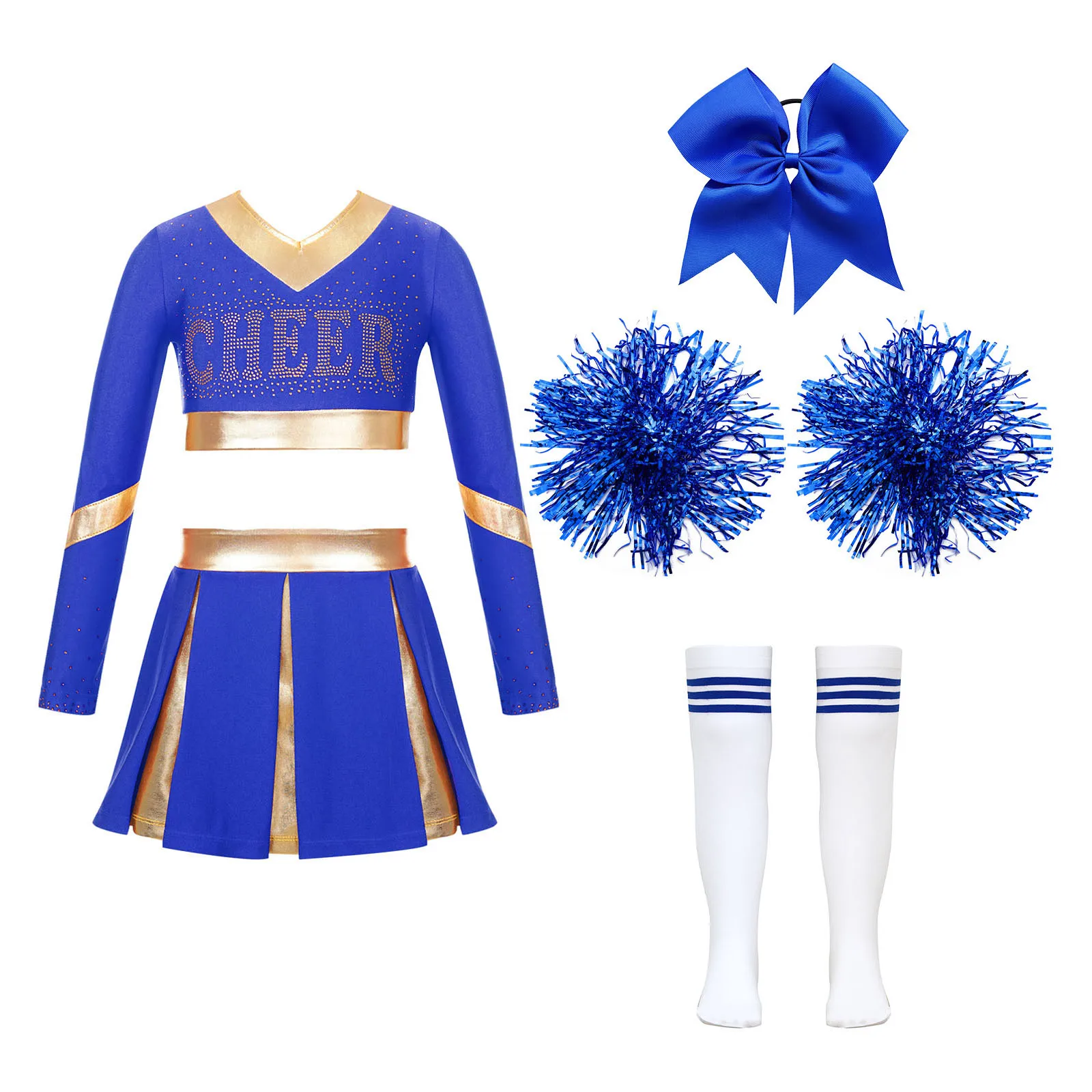 

Kids Girls Cheer Leader Costume Schoolgirl Dance Performance Cheerleading Uniform Crop Top with Pleated Skirt Pom Poms Stocks