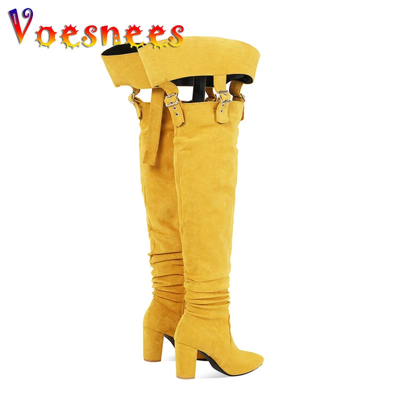 

2023 New Suede High Heels Sexy Buckle Strap Thigh High Boots NightClub Stage Over-the-Knee Long Booties 8.5CM Fetish Women Shoes