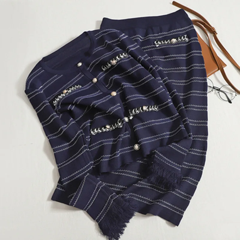 

New Korean Fashion 2 Piece Sets Single-Breasted Striped Knitted Sweater Tops + High Waist Package Hip Long Skirt Suits For Women