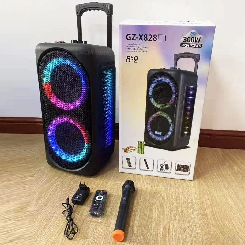 듀얼 8 인치 6000W 야외 레버 트롤리, 오디오 가라오케 파티 박스, RGB 블루투스 스피커, EQ 다채로운 LED 라이트 링, 마이크 리모컨 포함