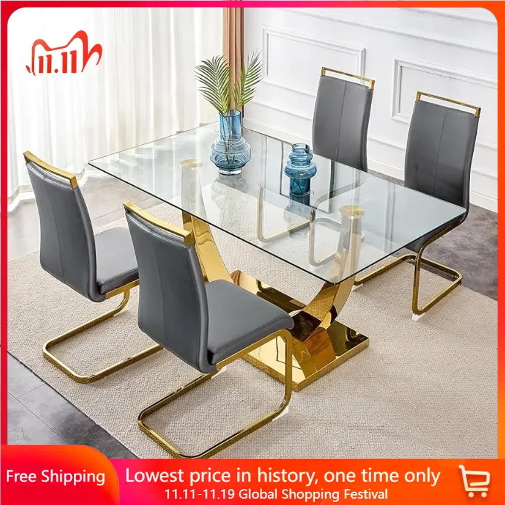 Dining Chair Living Room Table and Chairs Tempered Glass Dinings 5 Piece Dining Table with 4 Pcs Leather Dinings Chairs Living Room Set