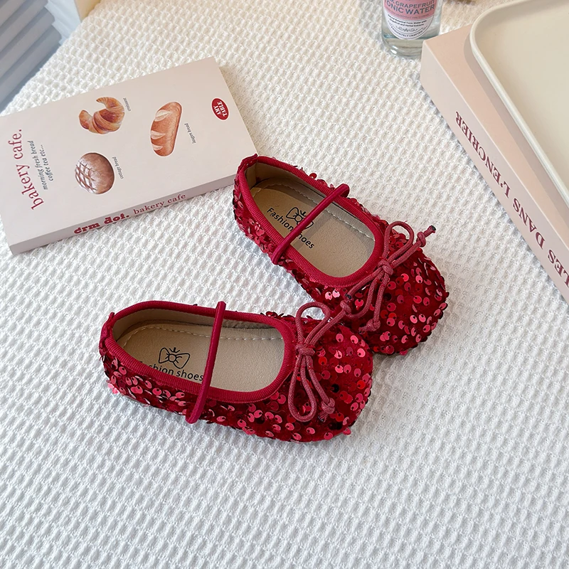 Girls Shoes Kids Glitter Leather Shoes for Wedding Stage Party Sequins Bling Shiny with Bow-knot Princess Soft Children's Flats