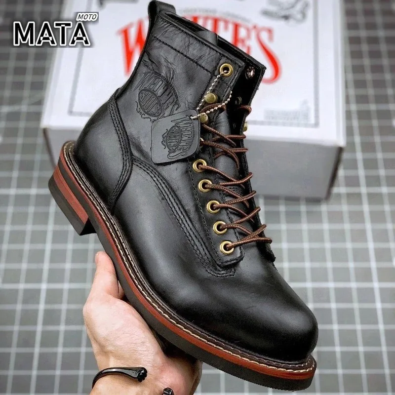 Vintage Motorcycle Boots Casual Men Ankle Boots Cowhide Leather Shoes Wedge Tooling Desert Moto Shoes