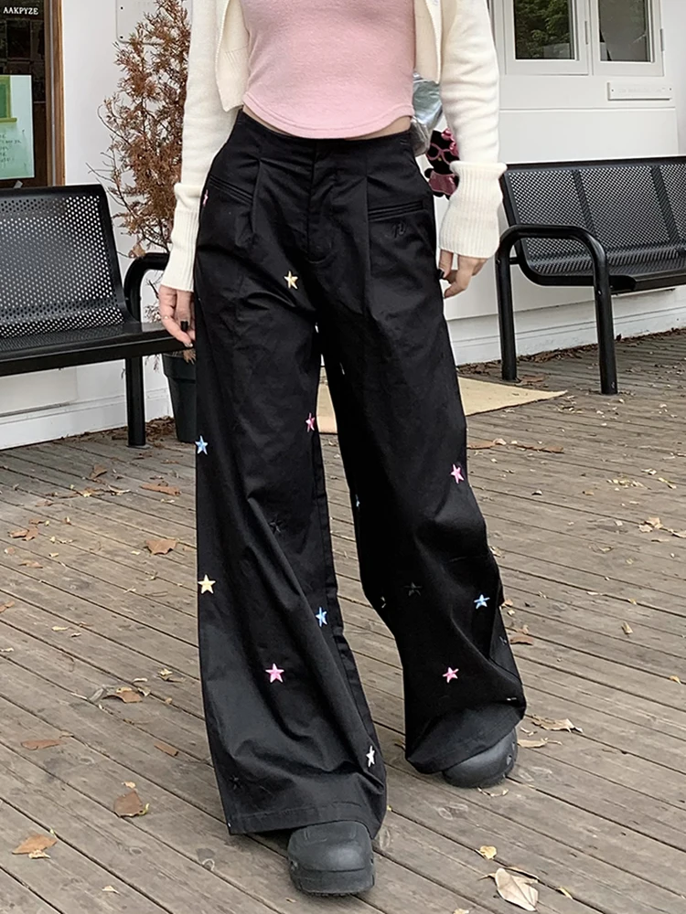 Fashion Y2K Embroidered Cargo Pants Black Women High Waist Wide Leg Harajuku Loose Casual Oversized Trousers Streetwear Pants