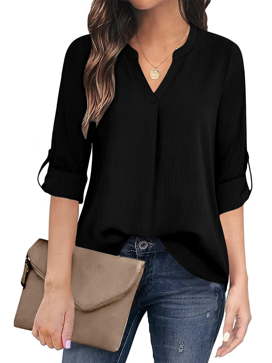 Chemisier élégant pour femme à col en V, manches longues retroussables, haut décontracté de couleur unie, chemise de travail ample pour le bureau, tunique féminine