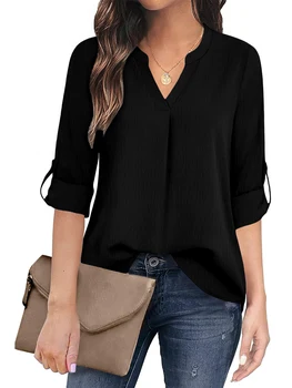 Chemisier élégant pour femme à col en V, manches longues retroussables, haut décontracté de couleur unie, chemise de travail ample pour le bureau, tunique féminine