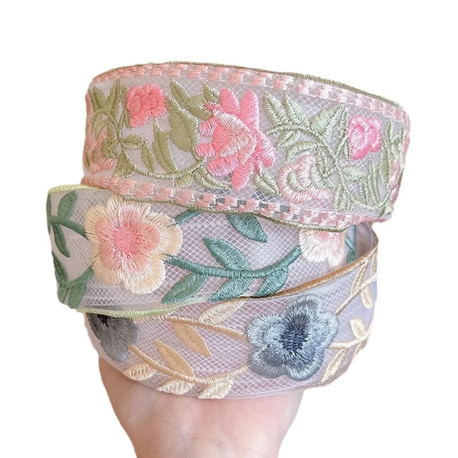 1PC Embroidered Floral Headbands Set: 3 Pcs Mesh Hair Bands with Flower Patterns, Elegant Hair Accessories for Women
