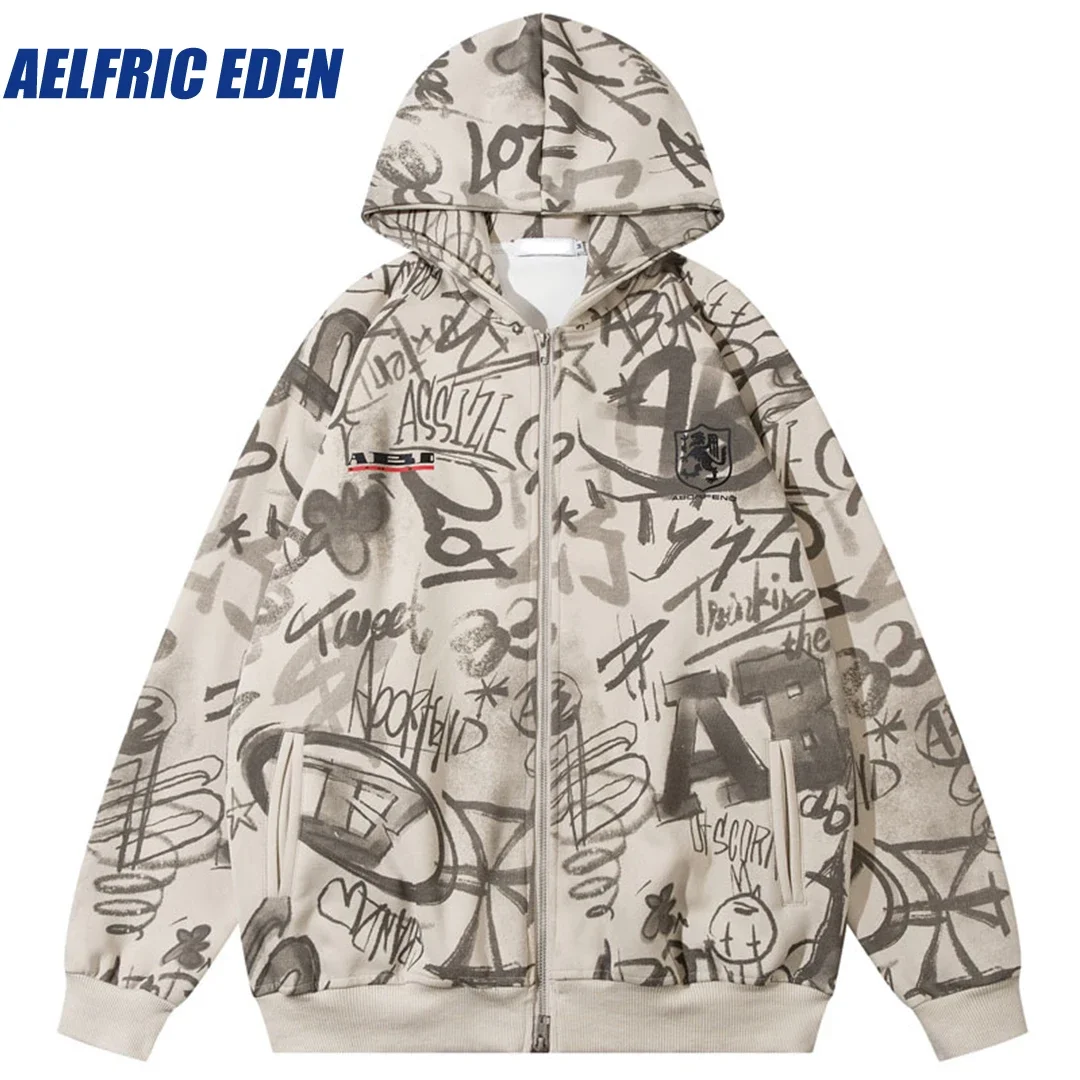 

Aelfric Eden Graffiti Graphic Print Punk Goth Two Way Zip Hoodie Coat Y2K Streetwear Harajuku Hip Hop Hooded Sweatshirt Hoodies