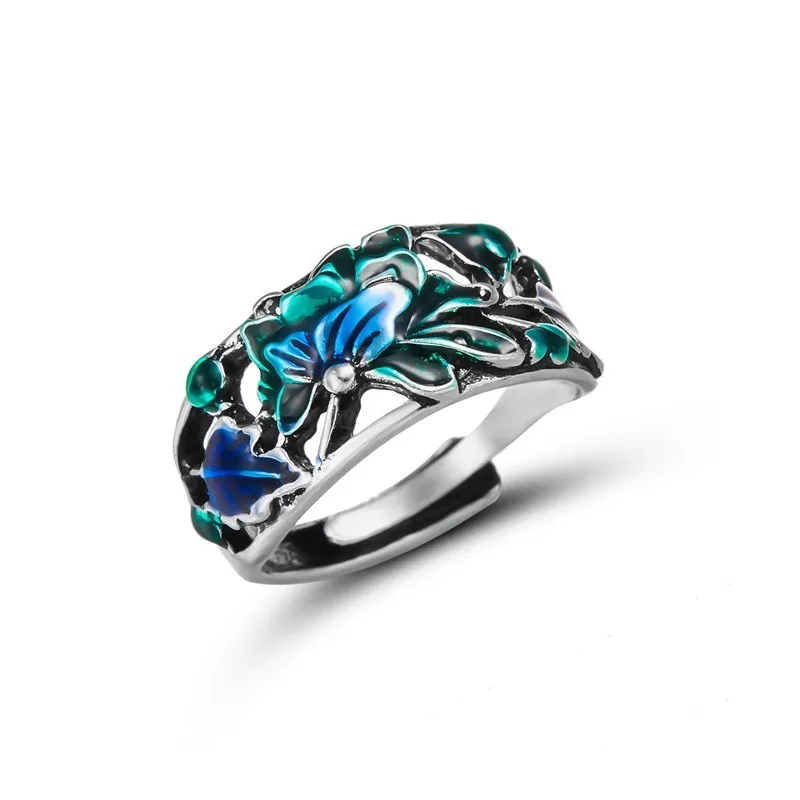 925 シルバー七宝ブルーグリーンエナメルクラフト牡丹の花リング女性の